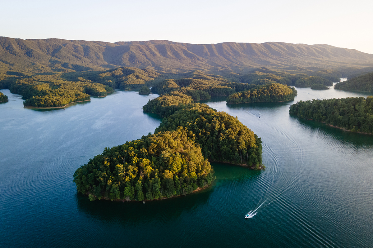 Aerial view of South Holston Lake in eastern Tennessee at golden hour.