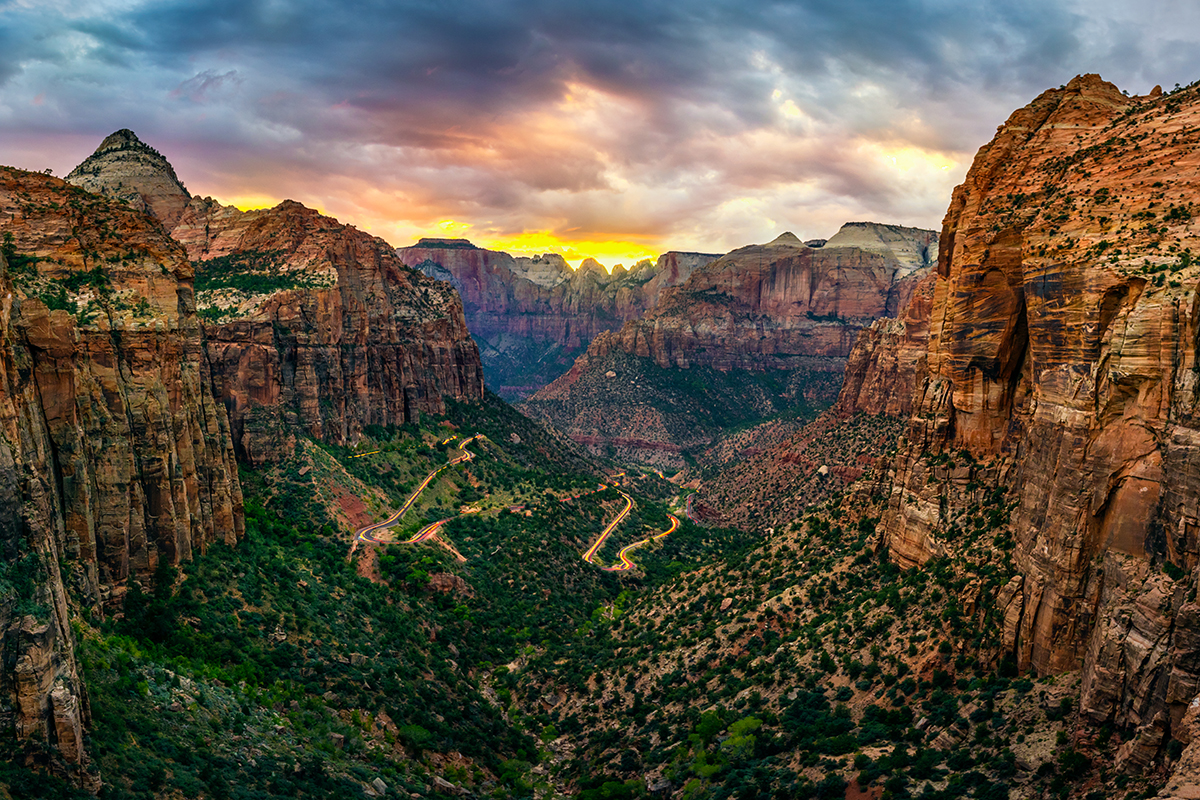 panoramic view of zion national park from Canyon overlook trail at sunset. Utah. USA