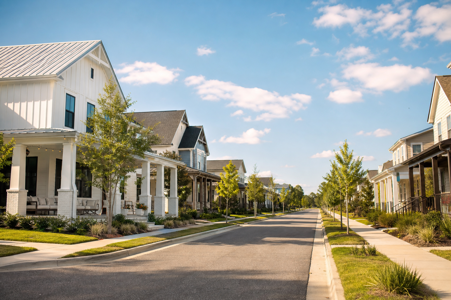 New Master Community Streetscape with Blue Skies and White Houses