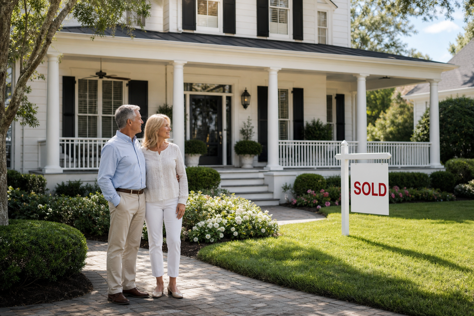 Southern Home with Porch and Yard 50 Couple at Real Estate Sign